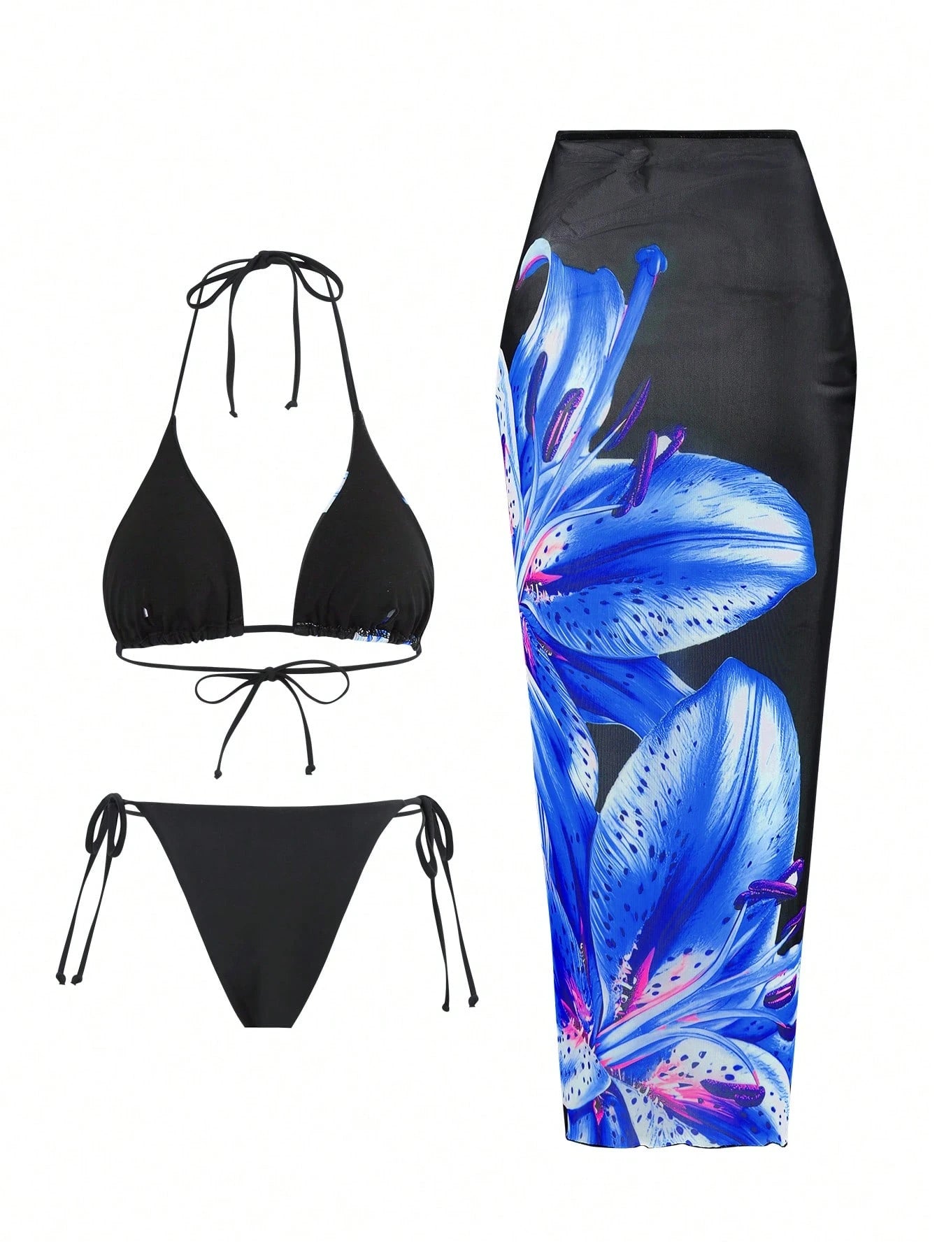 Swim Oasis 2025 Casual Vacation Spaghetti Strap Triangle Top, Side Tie Triangle Bottom, And Long Mesh Cover Up 3-Piece Swimsuit Set For Women, Summer