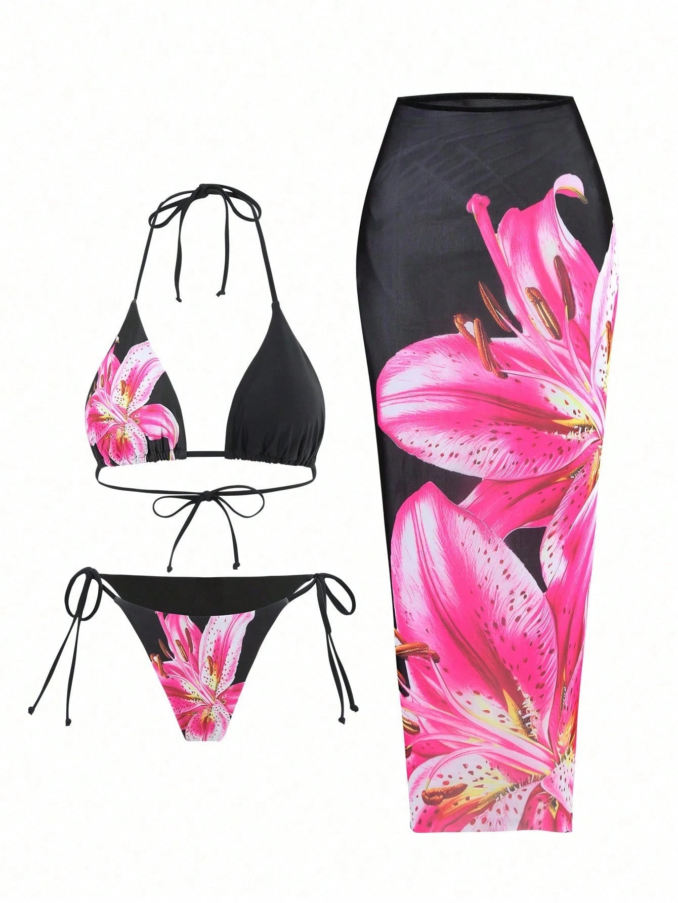 Swim Oasis 2025 Casual Vacation Spaghetti Strap Triangle Top, Side Tie Triangle Bottom, And Long Mesh Cover Up 3-Piece Swimsuit Set For Women, Summer