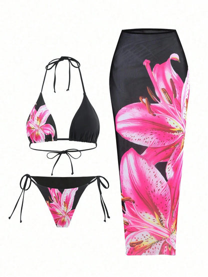 Swim Oasis 2025 Casual Vacation Spaghetti Strap Triangle Top, Side Tie Triangle Bottom, And Long Mesh Cover Up 3-Piece Swimsuit Set For Women, Summer