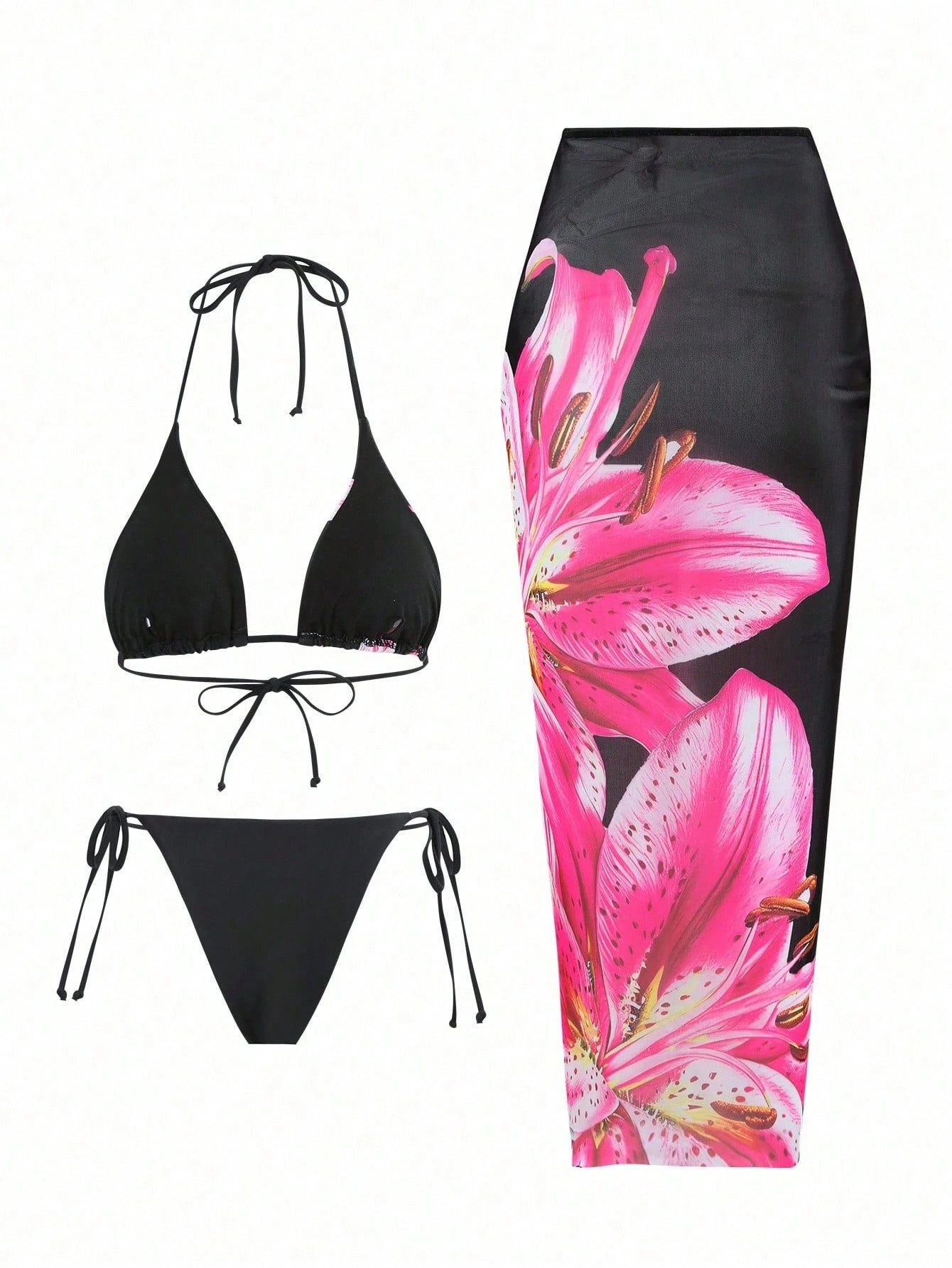 Swim Oasis 2025 Casual Vacation Spaghetti Strap Triangle Top, Side Tie Triangle Bottom, And Long Mesh Cover Up 3-Piece Swimsuit Set For Women, Summer