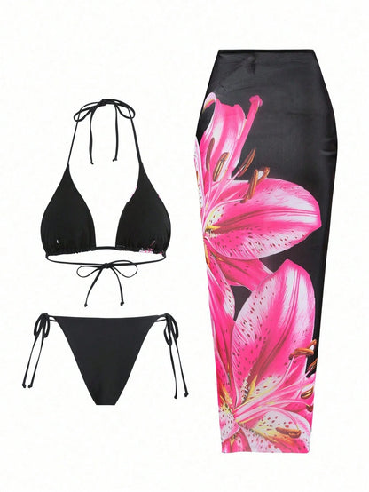 Swim Oasis 2025 Casual Vacation Spaghetti Strap Triangle Top, Side Tie Triangle Bottom, And Long Mesh Cover Up 3-Piece Swimsuit Set For Women, Summer