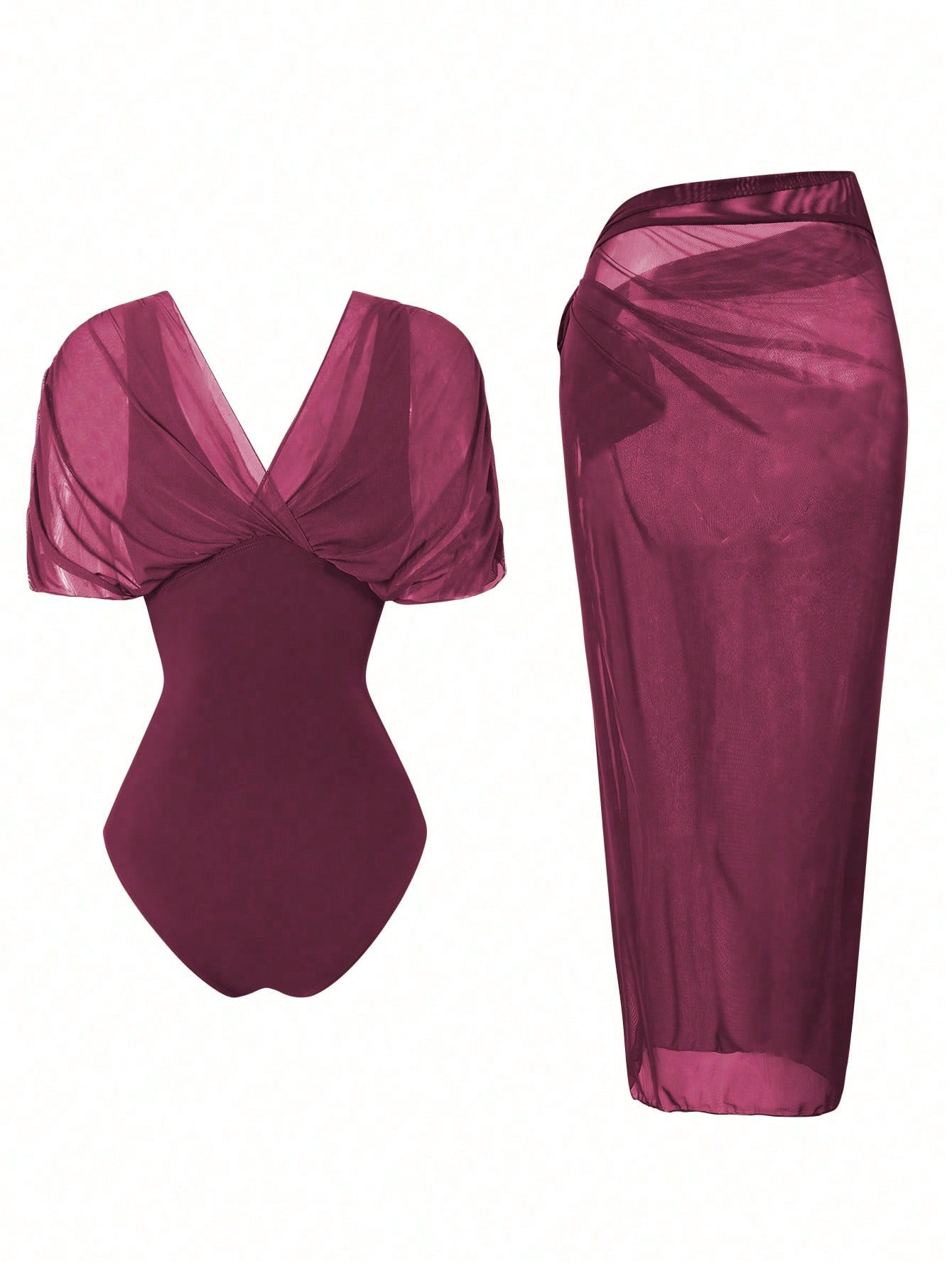 Swim Oasis 2026 New Spring/Summer Women 2pcs Solid Color Swimsuit With Mesh Maxi Dress, Beach Vacation Casual Swimwear Set