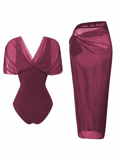 Swim Oasis 2026 New Spring/Summer Women 2pcs Solid Color Swimsuit With Mesh Maxi Dress, Beach Vacation Casual Swimwear Set