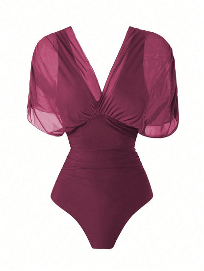 Swim Oasis 2026 New Spring/Summer Women 2pcs Solid Color Swimsuit With Mesh Maxi Dress, Beach Vacation Casual Swimwear Set