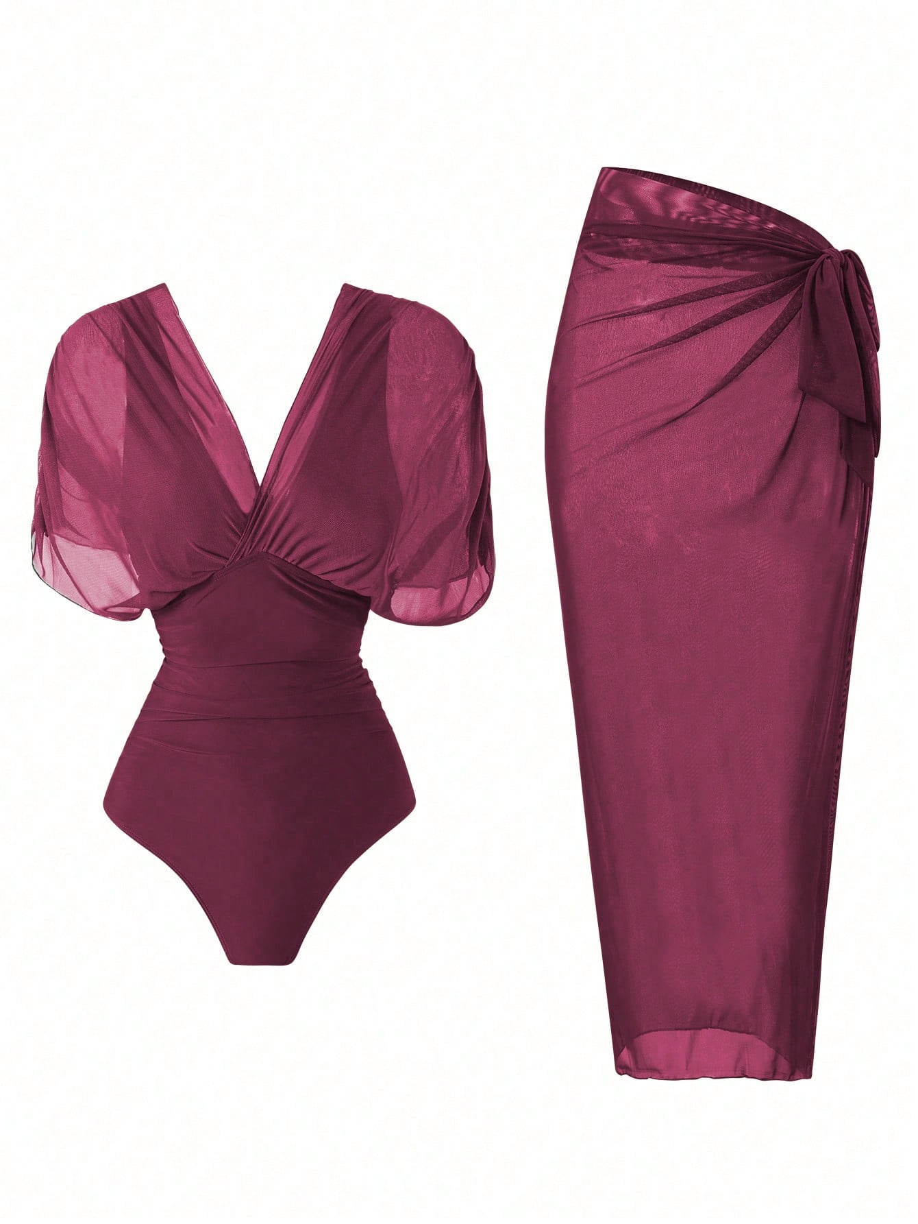 Swim Oasis 2026 New Spring/Summer Women 2pcs Solid Color Swimsuit With Mesh Maxi Dress, Beach Vacation Casual Swimwear Set