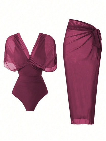 Swim Oasis 2026 New Spring/Summer Women 2pcs Solid Color Swimsuit With Mesh Maxi Dress, Beach Vacation Casual Swimwear Set