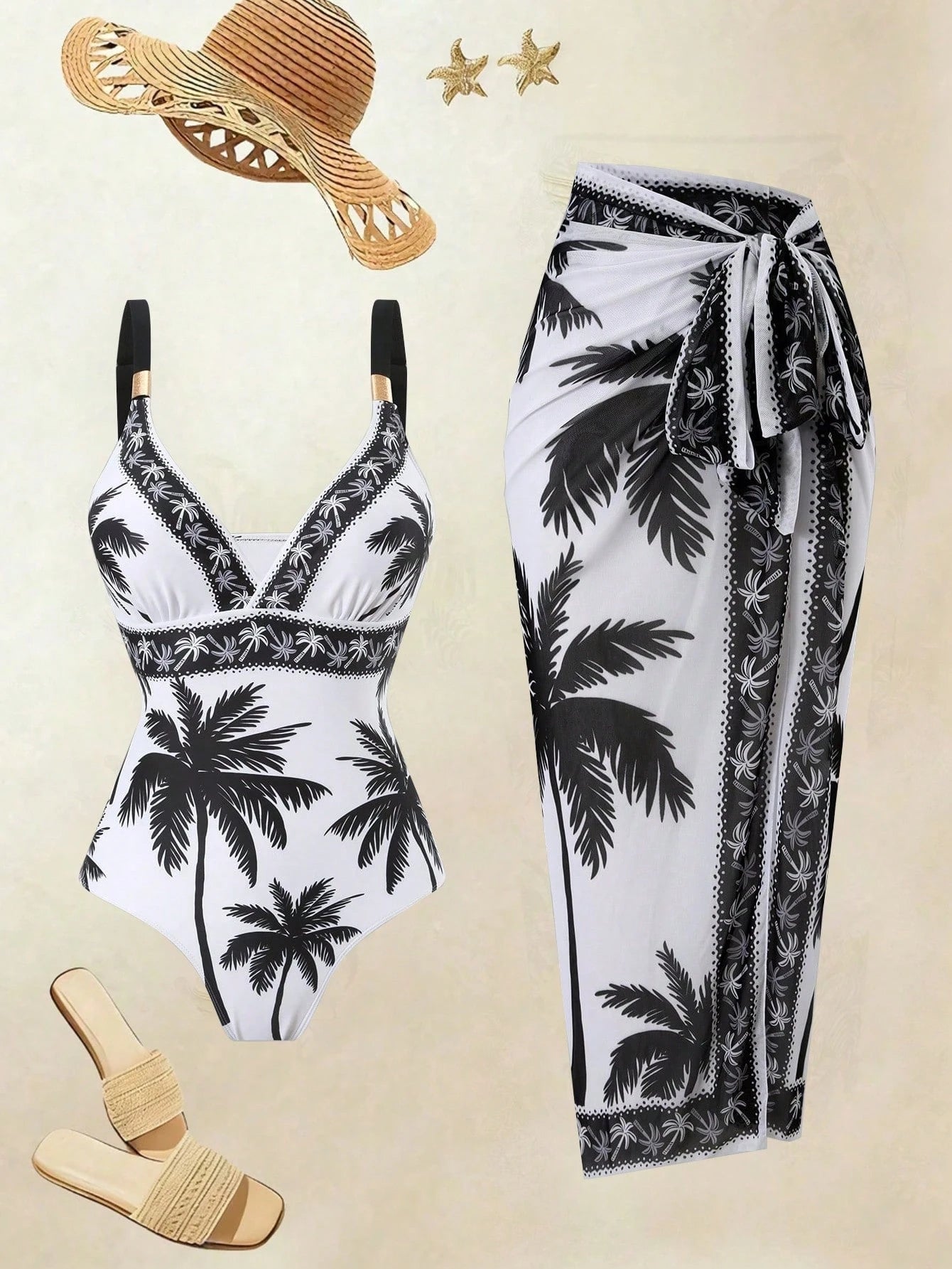 Swim Oasis 2026 Women 2pcs Set Palm Tree Printed Swimsuit & Mesh Maxi Skirt,White Summer Boho Holiday Pool Party Holiday Beach Resort Swimwear Bathing Suit Set