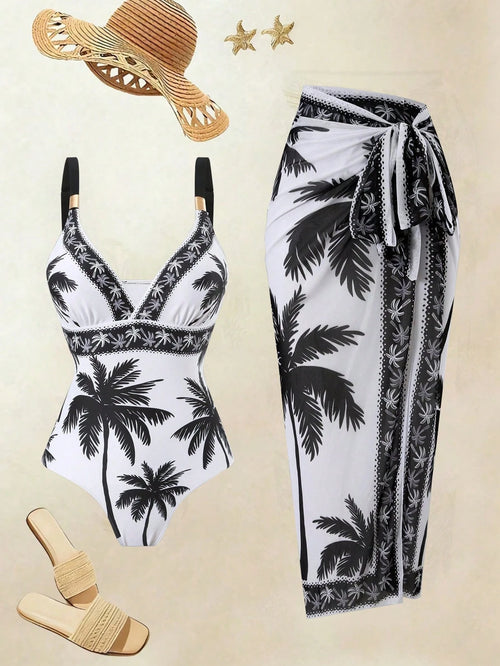 Swim Oasis 2026 Women 2pcs Set Palm Tree Printed Swimsuit & Mesh Maxi Skirt,White Summer Boho Holiday Pool Party Holiday Beach Resort Swimwear Bathing Suit Set