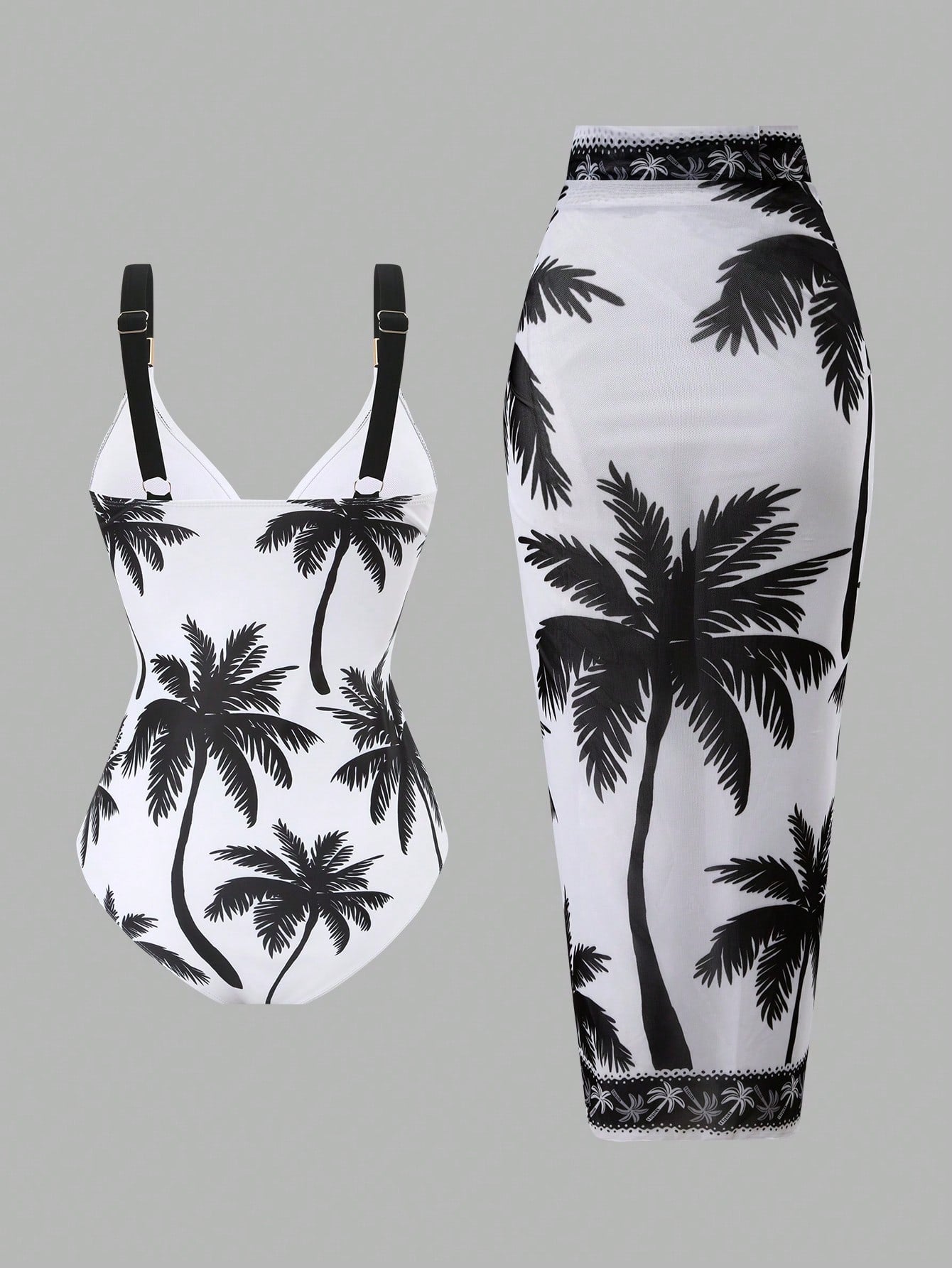 Swim Oasis 2026 Women 2pcs Set Palm Tree Printed Swimsuit & Mesh Maxi Skirt,White Summer Boho Holiday Pool Party Holiday Beach Resort Swimwear Bathing Suit Set