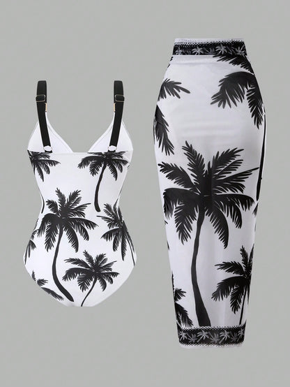 Swim Oasis 2026 Women 2pcs Set Palm Tree Printed Swimsuit & Mesh Maxi Skirt,White Summer Boho Holiday Pool Party Holiday Beach Resort Swimwear Bathing Suit Set