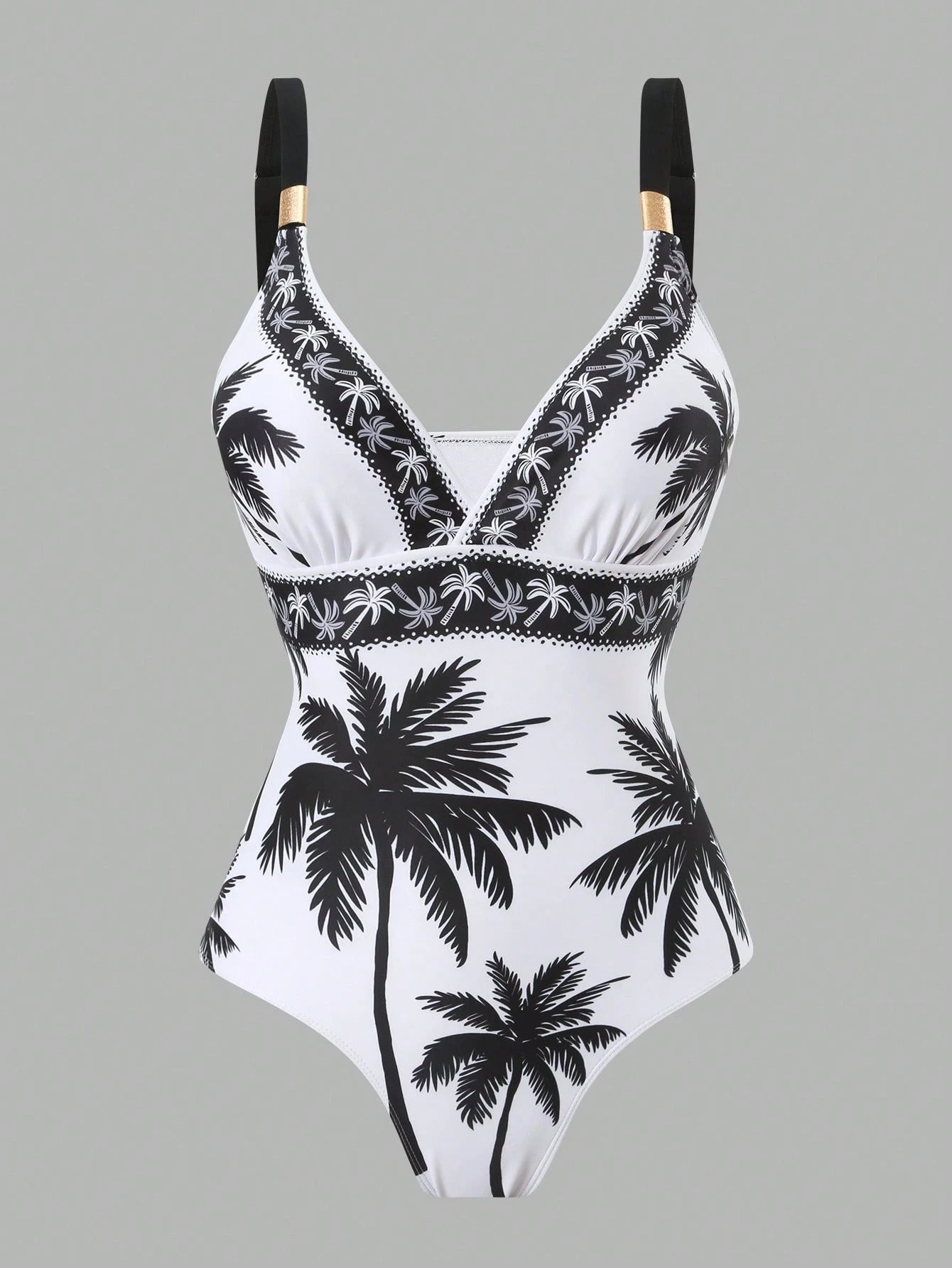 Swim Oasis 2026 Women 2pcs Set Palm Tree Printed Swimsuit & Mesh Maxi Skirt,White Summer Boho Holiday Pool Party Holiday Beach Resort Swimwear Bathing Suit Set
