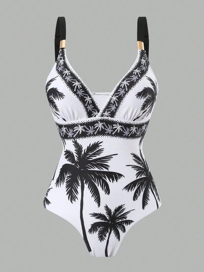 Swim Oasis 2026 Women 2pcs Set Palm Tree Printed Swimsuit & Mesh Maxi Skirt,White Summer Boho Holiday Pool Party Holiday Beach Resort Swimwear Bathing Suit Set