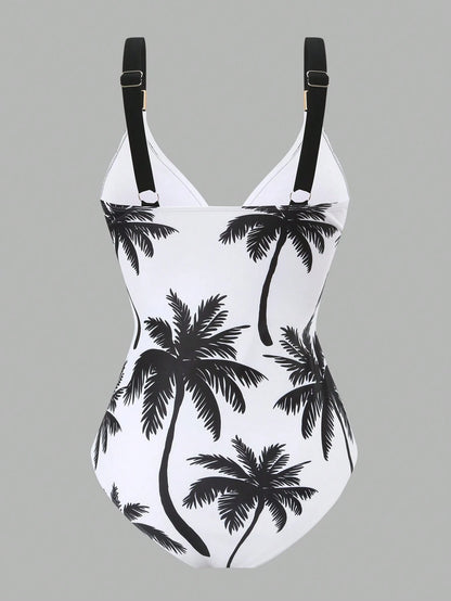 Swim Oasis 2026 Women 2pcs Set Palm Tree Printed Swimsuit & Mesh Maxi Skirt,White Summer Boho Holiday Pool Party Holiday Beach Resort Swimwear Bathing Suit Set