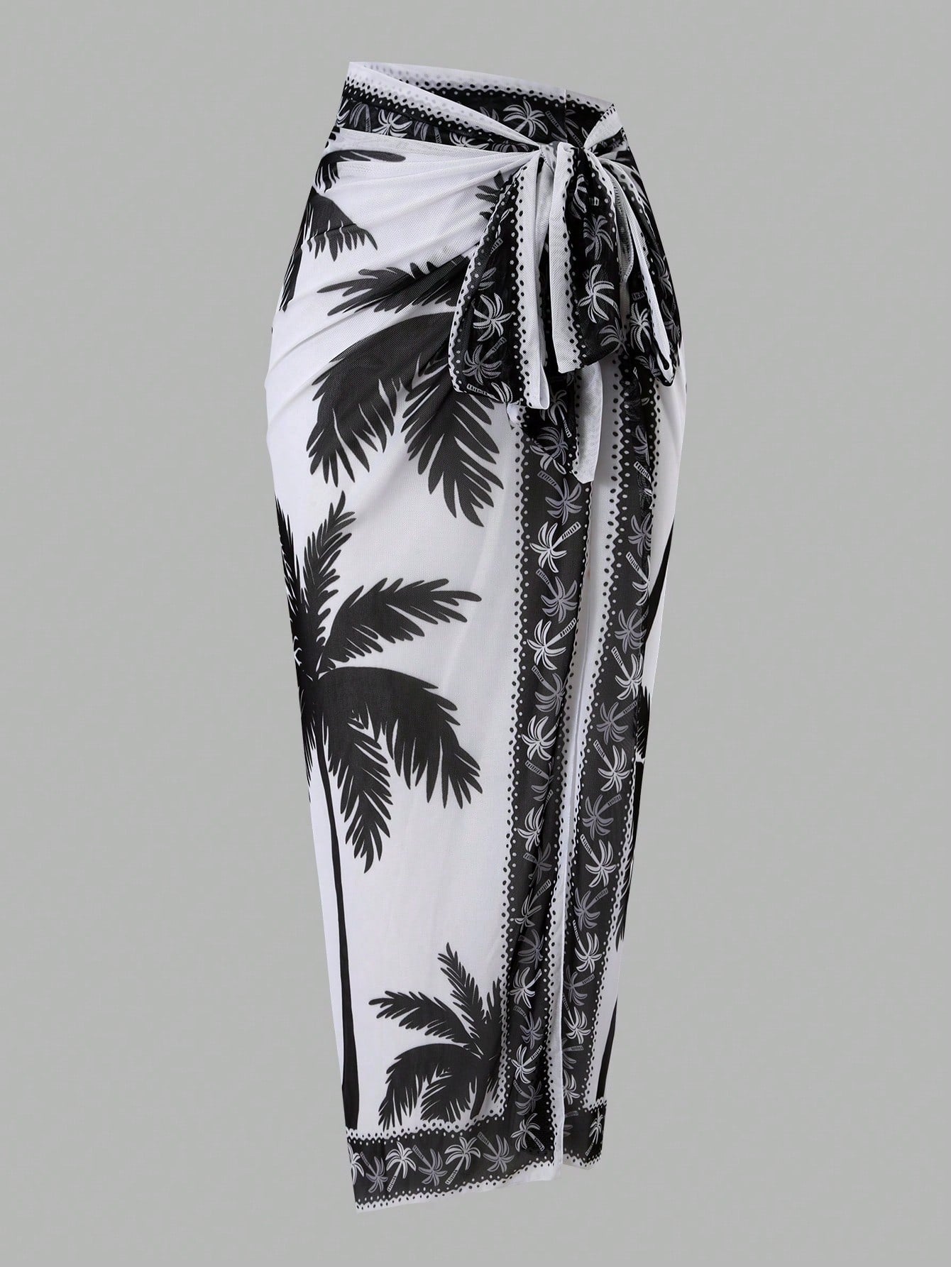 Swim Oasis 2026 Women 2pcs Set Palm Tree Printed Swimsuit & Mesh Maxi Skirt,White Summer Boho Holiday Pool Party Holiday Beach Resort Swimwear Bathing Suit Set