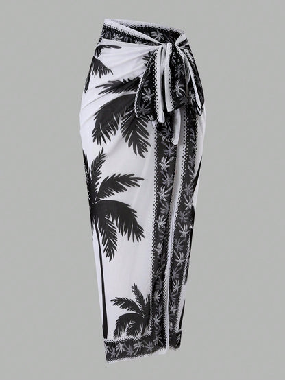 Swim Oasis 2026 Women 2pcs Set Palm Tree Printed Swimsuit & Mesh Maxi Skirt,White Summer Boho Holiday Pool Party Holiday Beach Resort Swimwear Bathing Suit Set