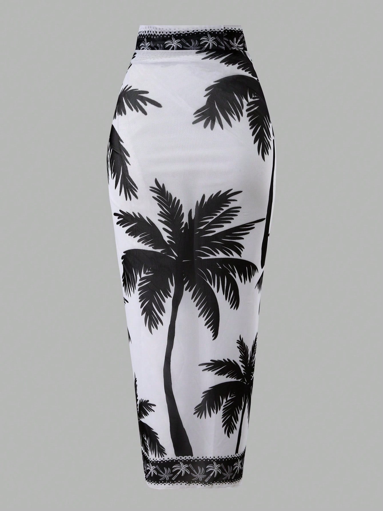 Swim Oasis 2026 Women 2pcs Set Palm Tree Printed Swimsuit & Mesh Maxi Skirt,White Summer Boho Holiday Pool Party Holiday Beach Resort Swimwear Bathing Suit Set