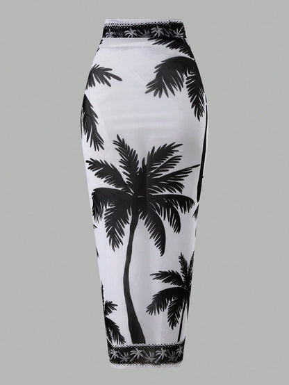 Swim Oasis 2026 Women 2pcs Set Palm Tree Printed Swimsuit & Mesh Maxi Skirt,White Summer Boho Holiday Pool Party Holiday Beach Resort Swimwear Bathing Suit Set