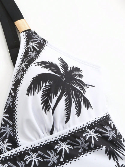 Swim Oasis 2026 Women 2pcs Set Palm Tree Printed Swimsuit & Mesh Maxi Skirt,White Summer Boho Holiday Pool Party Holiday Beach Resort Swimwear Bathing Suit Set