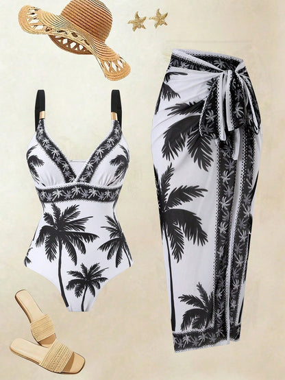 Swim Oasis 2026 Women 2pcs Set Palm Tree Printed Swimsuit & Mesh Maxi Skirt,White Summer Boho Holiday Pool Party Holiday Beach Resort Swimwear Bathing Suit Set
