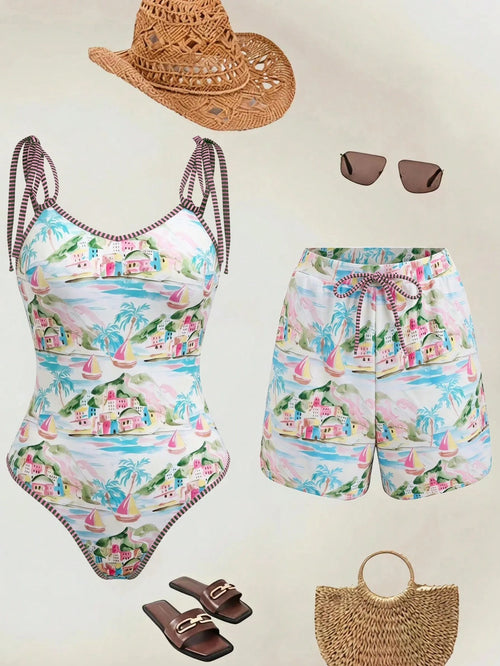 Swim Oasis 26SS Spring/Summer Vacation Fish BOHO Style One-Piece Swimsuit With Shorts Two Pieces Set