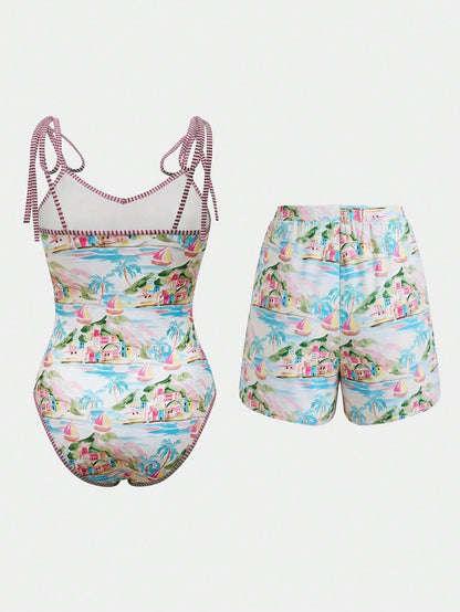 Swim Oasis 26SS Spring/Summer Vacation Fish BOHO Style One-Piece Swimsuit With Shorts Two Pieces Set