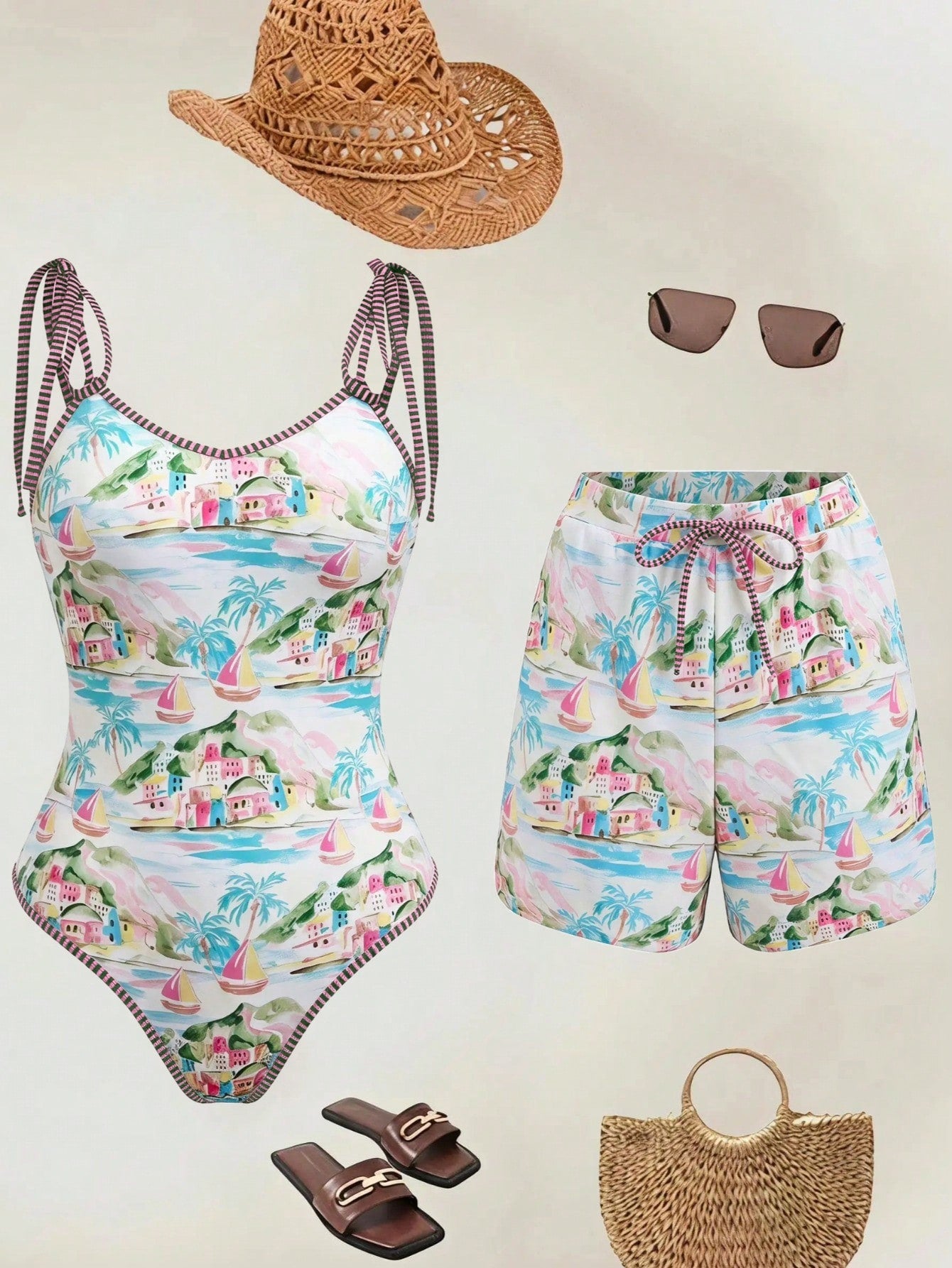 Swim Oasis 26SS Spring/Summer Vacation Fish BOHO Style One-Piece Swimsuit With Shorts Two Pieces Set