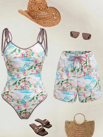 Swim Oasis 26SS Spring/Summer Vacation Fish BOHO Style One-Piece Swimsuit With Shorts Two Pieces Set