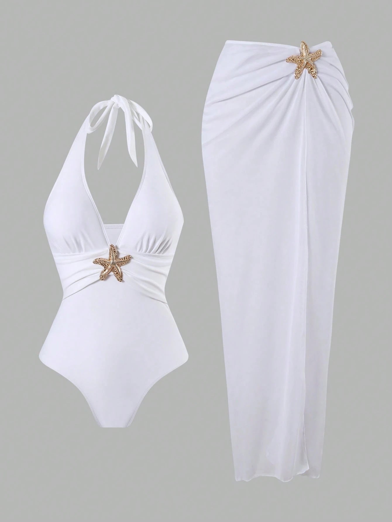 Swim Oasis 2pcs/Set New 2025 Women Solid Color Halter Swimsuit & Mesh Long Skirt Beach Resort Summer Swimsuit Outfit White