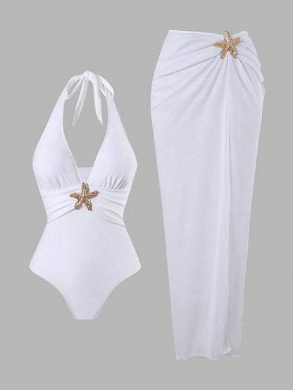 Swim Oasis 2pcs/Set New 2025 Women Solid Color Halter Swimsuit & Mesh Long Skirt Beach Resort Summer Swimsuit Outfit White