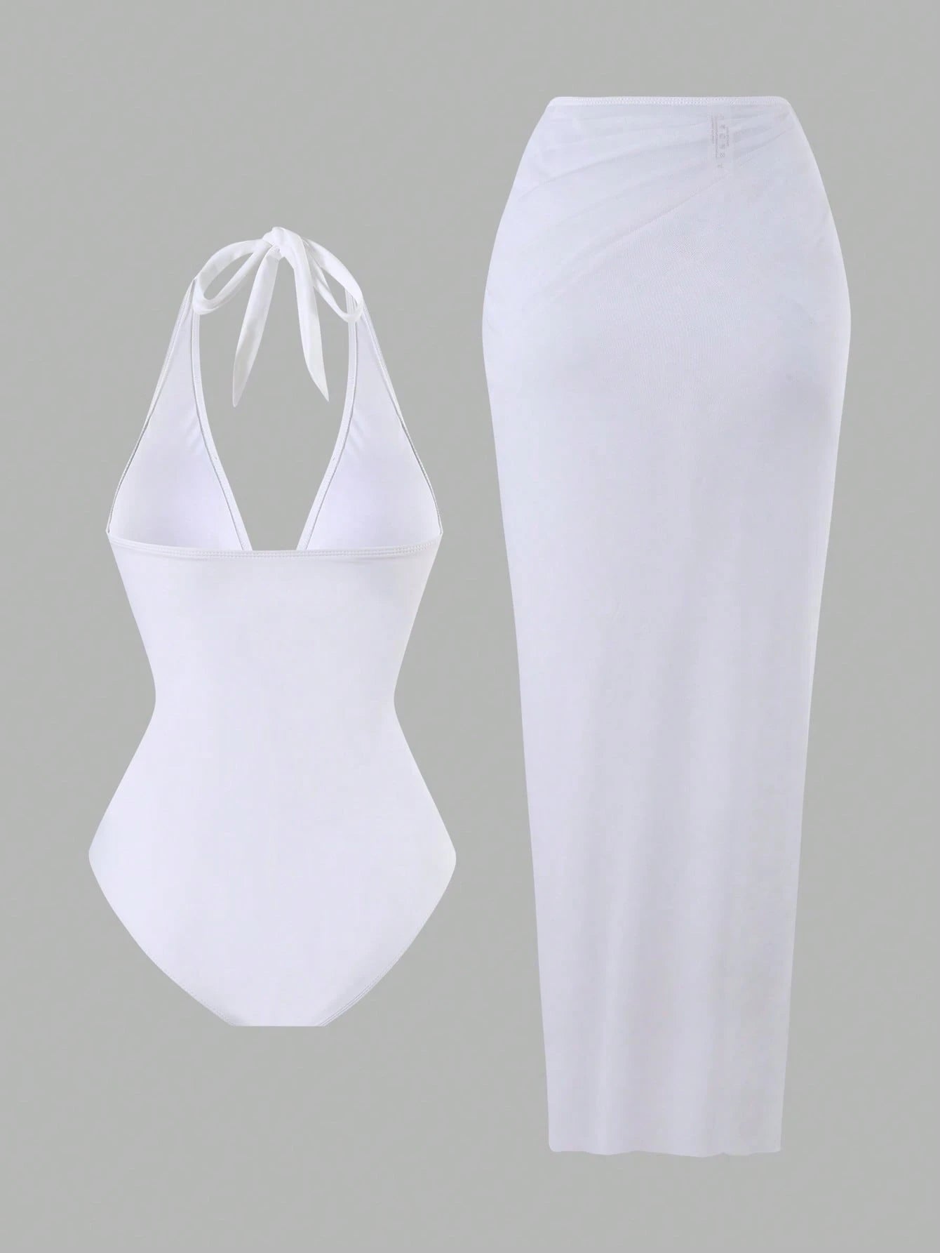 Swim Oasis 2pcs/Set New 2025 Women Solid Color Halter Swimsuit & Mesh Long Skirt Beach Resort Summer Swimsuit Outfit White