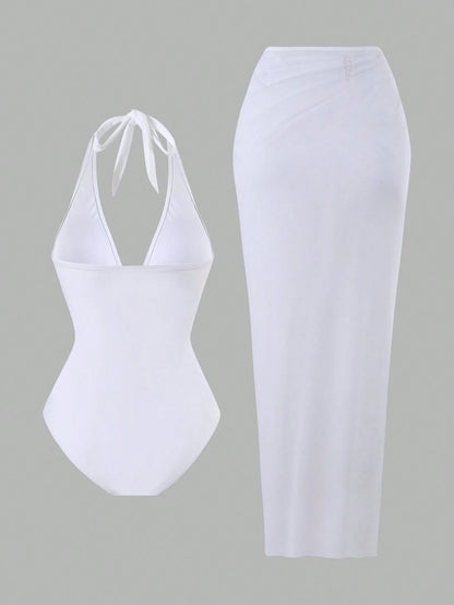 Swim Oasis 2pcs/Set New 2025 Women Solid Color Halter Swimsuit & Mesh Long Skirt Beach Resort Summer Swimsuit Outfit White