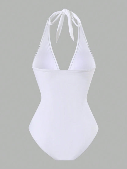 Swim Oasis 2pcs/Set New 2025 Women Solid Color Halter Swimsuit & Mesh Long Skirt Beach Resort Summer Swimsuit Outfit White