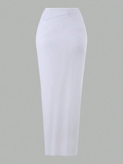 Swim Oasis 2pcs/Set New 2025 Women Solid Color Halter Swimsuit & Mesh Long Skirt Beach Resort Summer Swimsuit Outfit White