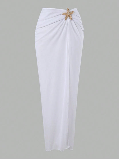 Swim Oasis 2pcs/Set New 2025 Women Solid Color Halter Swimsuit & Mesh Long Skirt Beach Resort Summer Swimsuit Outfit White