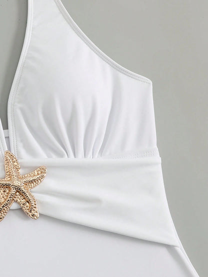 Swim Oasis 2pcs/Set New 2025 Women Solid Color Halter Swimsuit & Mesh Long Skirt Beach Resort Summer Swimsuit Outfit White