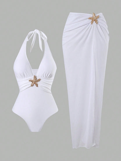 Swim Oasis 2pcs/Set New 2025 Women Solid Color Halter Swimsuit & Mesh Long Skirt Beach Resort Summer Swimsuit Outfit White