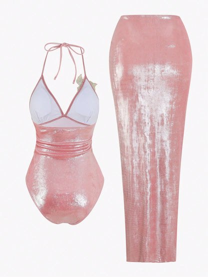 Swim Oasis 2pcs/Set Summer New High-End Shiny Fabric Sequin Embroidery Floral Triangle Bikini Push-Up Swimsuit For Women