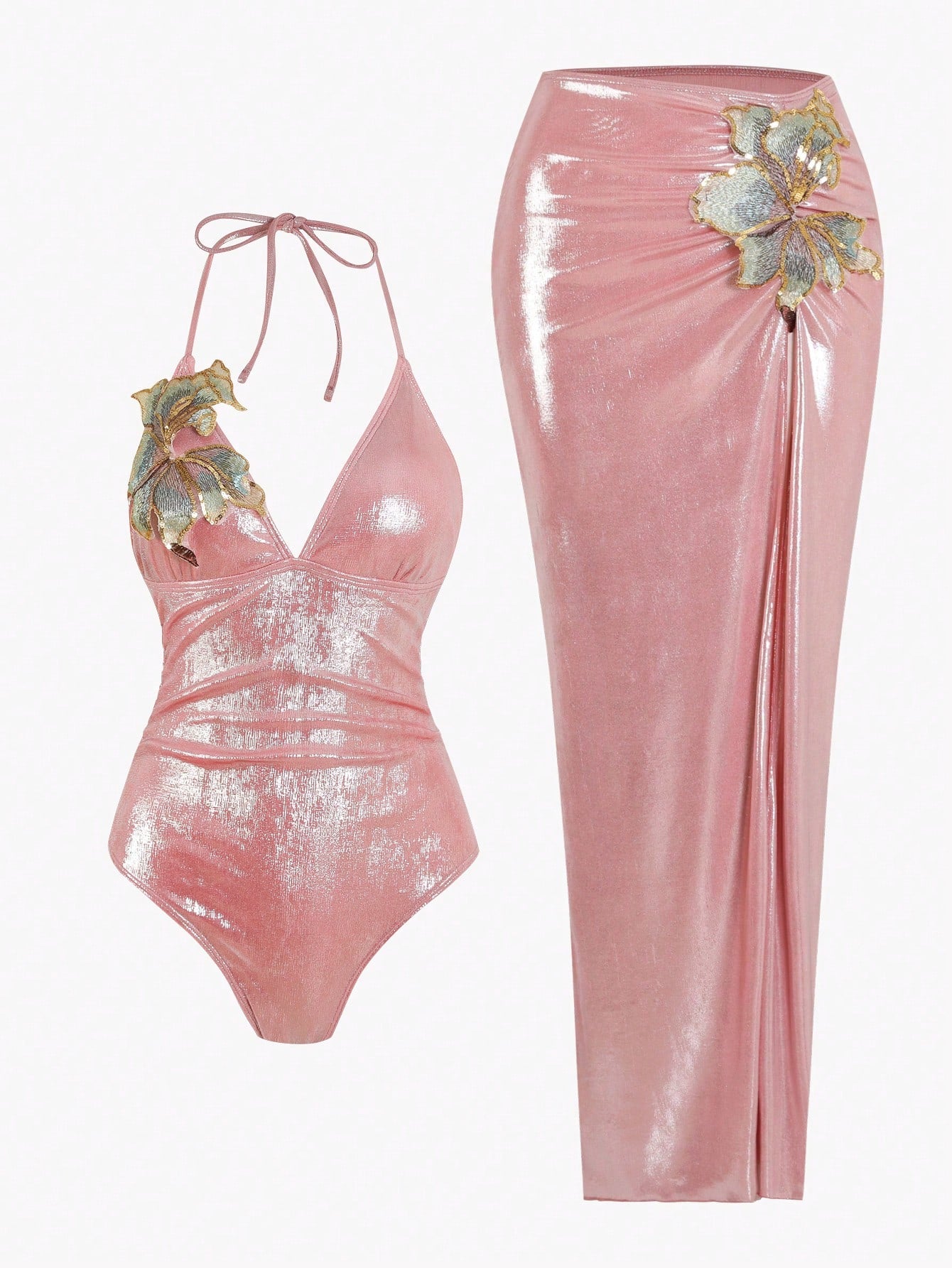 Swim Oasis 2pcs/Set Summer New High-End Shiny Fabric Sequin Embroidery Floral Triangle Bikini Push-Up Swimsuit For Women