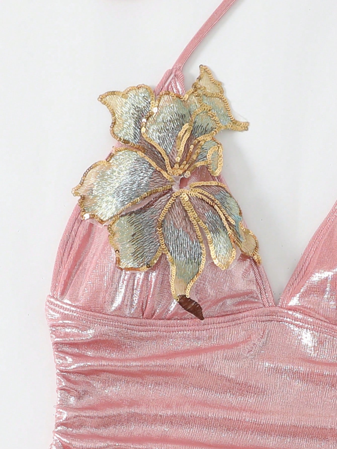 Swim Oasis 2pcs/Set Summer New High-End Shiny Fabric Sequin Embroidery Floral Triangle Bikini Push-Up Swimsuit For Women