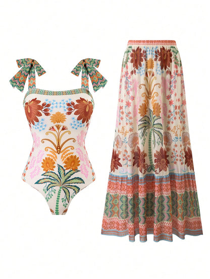 Swim Oasis 2pcs/Set Women's Halter Backless One-Piece Swimsuit With Mesh Maxi Skirt,White Floral Summer Boho Beach Vacation Holiday Holiday Skirt Sets