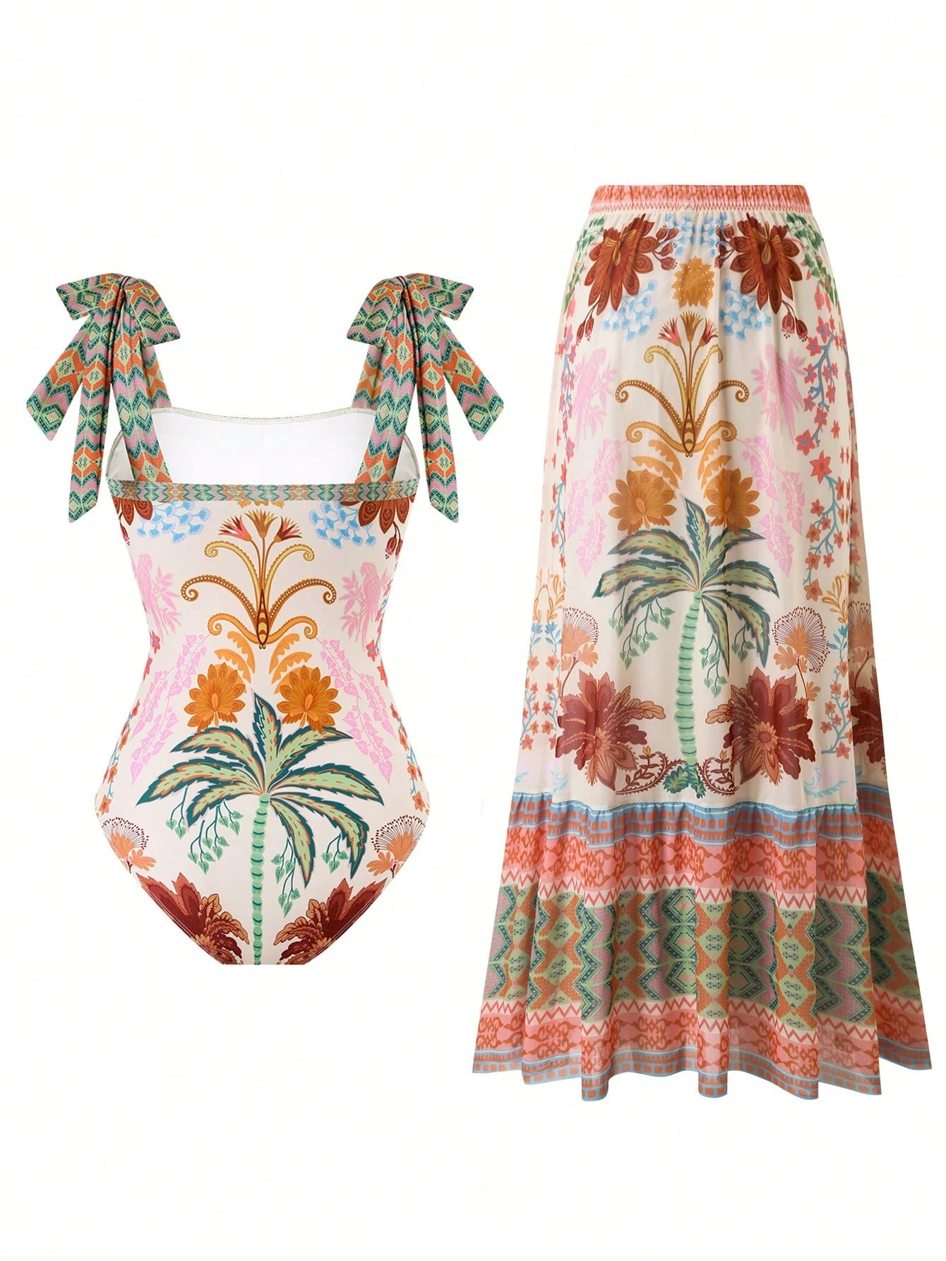Swim Oasis 2pcs/Set Women's Halter Backless One-Piece Swimsuit With Mesh Maxi Skirt,White Floral Summer Boho Beach Vacation Holiday Holiday Skirt Sets