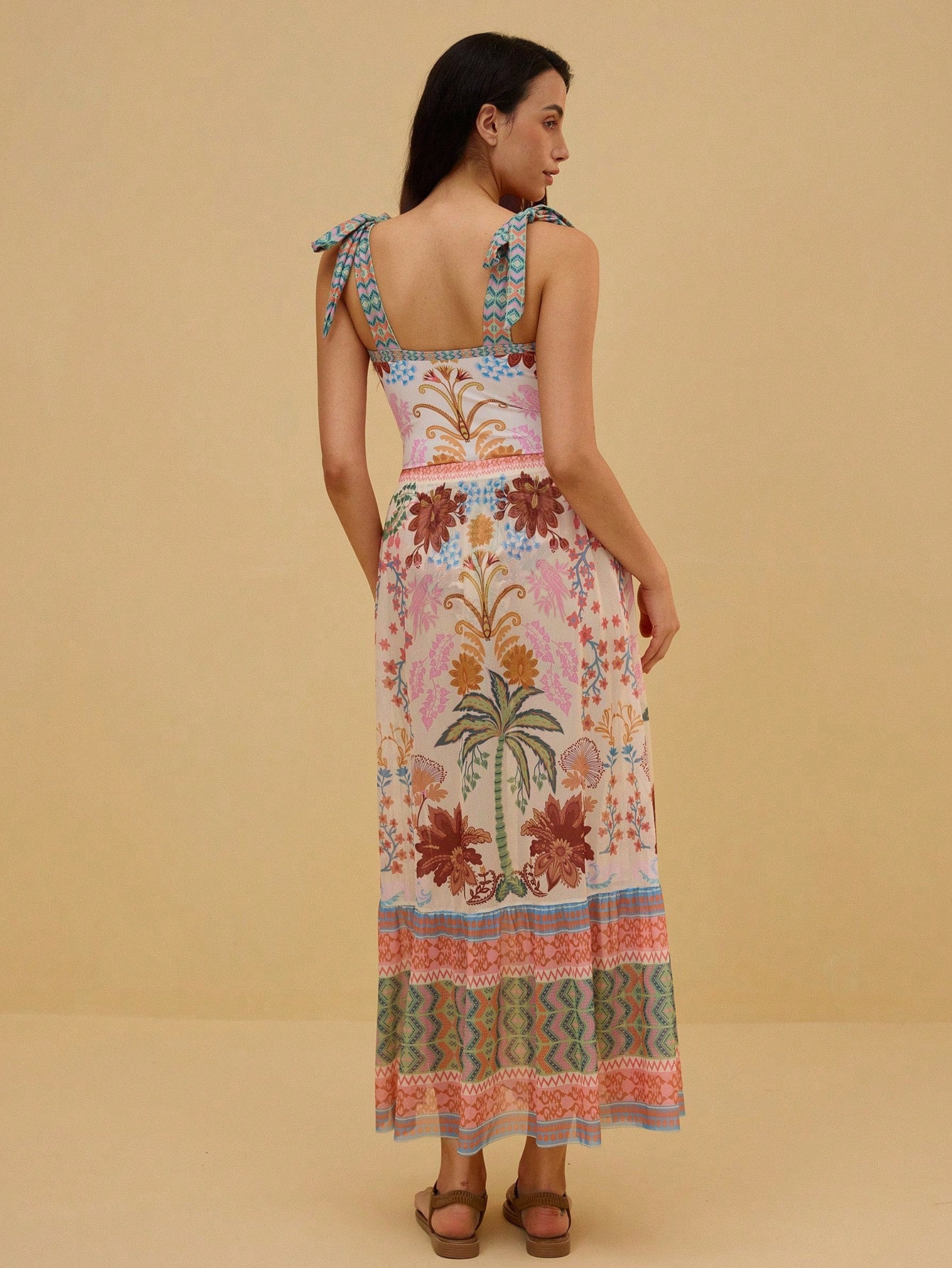 Swim Oasis 2pcs/Set Women's Halter Backless One-Piece Swimsuit With Mesh Maxi Skirt,White Floral Summer Boho Beach Vacation Holiday Holiday Skirt Sets