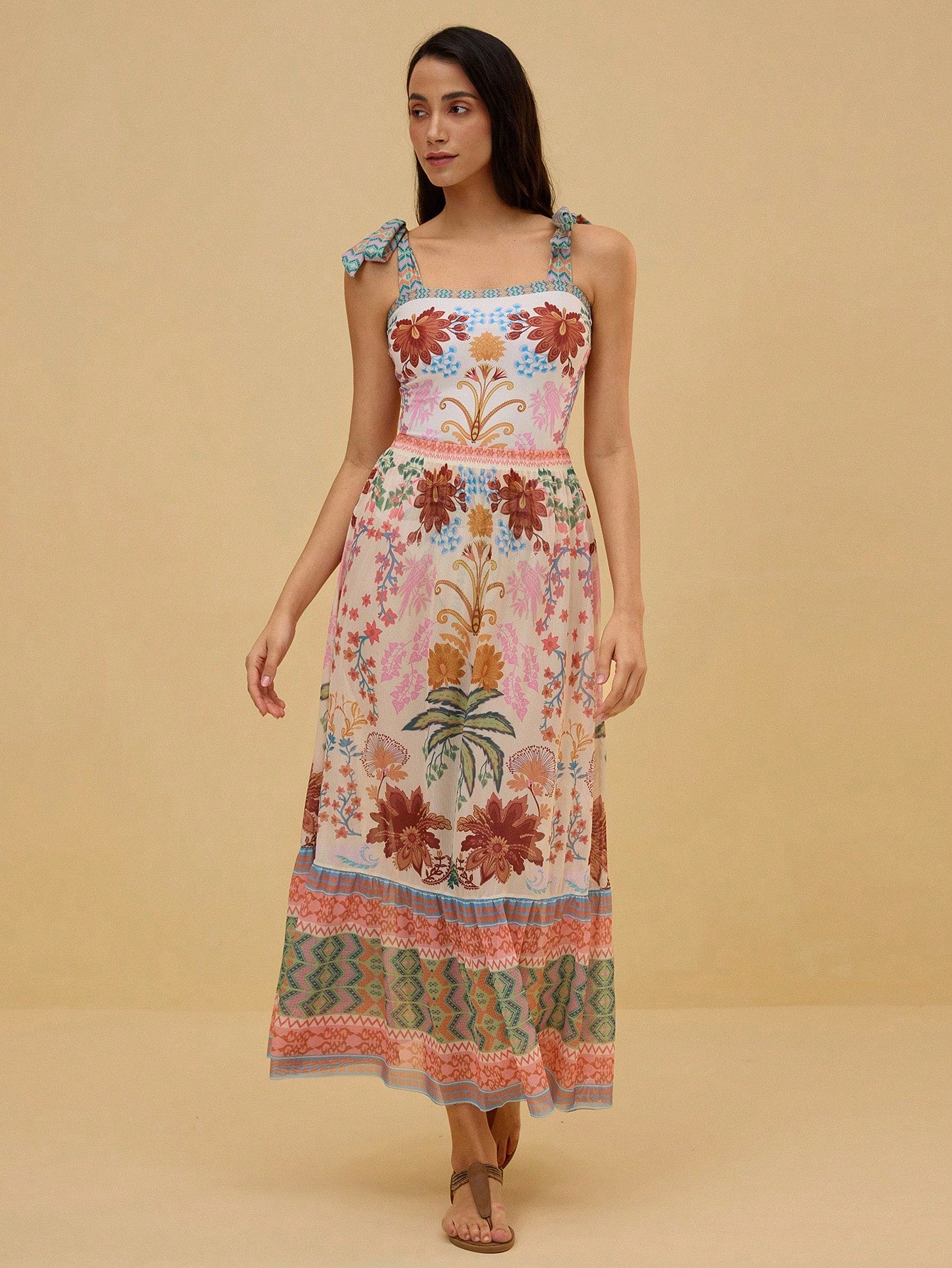 Swim Oasis 2pcs/Set Women's Halter Backless One-Piece Swimsuit With Mesh Maxi Skirt,White Floral Summer Boho Beach Vacation Holiday Holiday Skirt Sets