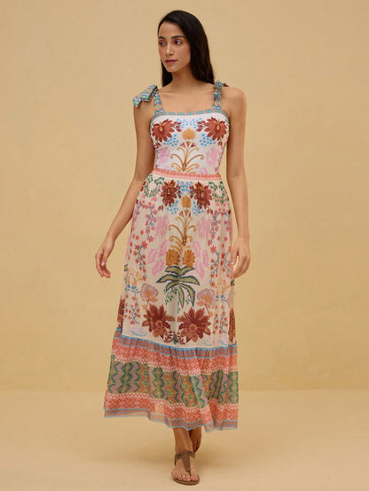Swim Oasis 2pcs/Set Women's Halter Backless One-Piece Swimsuit With Mesh Maxi Skirt,White Floral Summer Boho Beach Vacation Holiday Holiday Skirt Sets