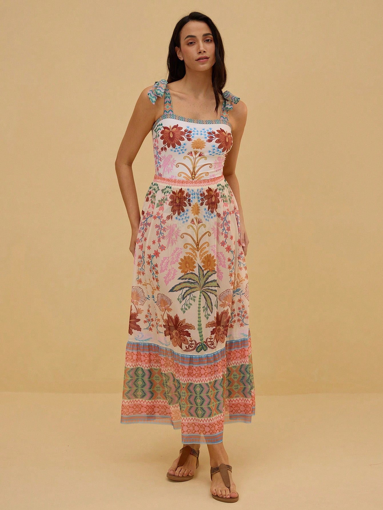 Swim Oasis 2pcs/Set Women's Halter Backless One-Piece Swimsuit With Mesh Maxi Skirt,White Floral Summer Boho Beach Vacation Holiday Holiday Skirt Sets