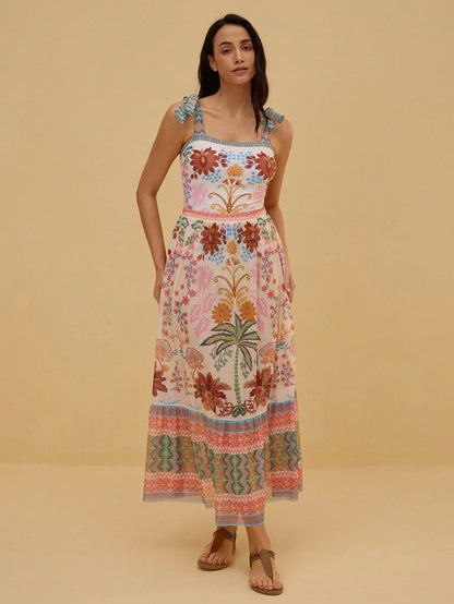 Swim Oasis 2pcs/Set Women's Halter Backless One-Piece Swimsuit With Mesh Maxi Skirt,White Floral Summer Boho Beach Vacation Holiday Holiday Skirt Sets