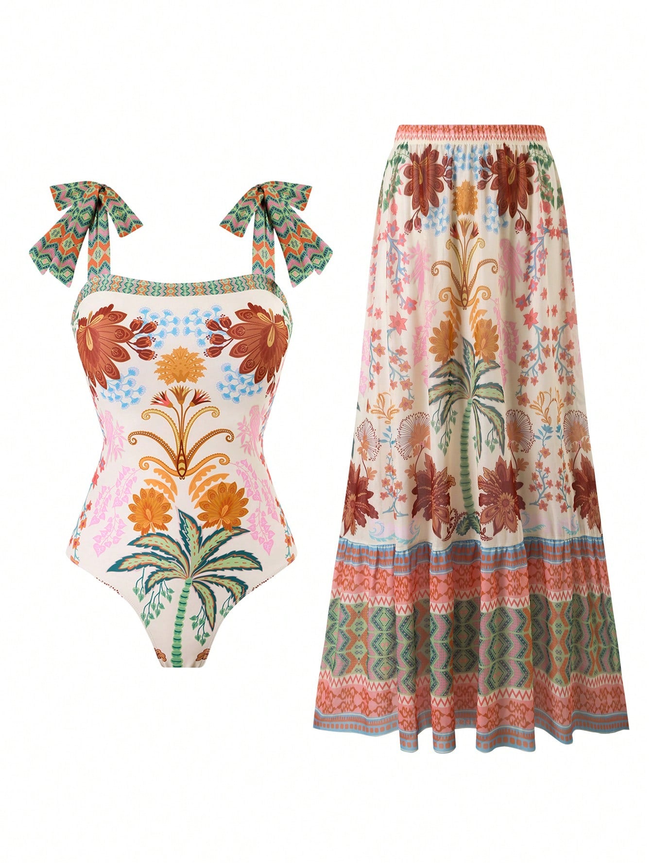 Swim Oasis 2pcs/Set Women's Halter Backless One-Piece Swimsuit With Mesh Maxi Skirt,White Floral Summer Boho Beach Vacation Holiday Holiday Skirt Sets