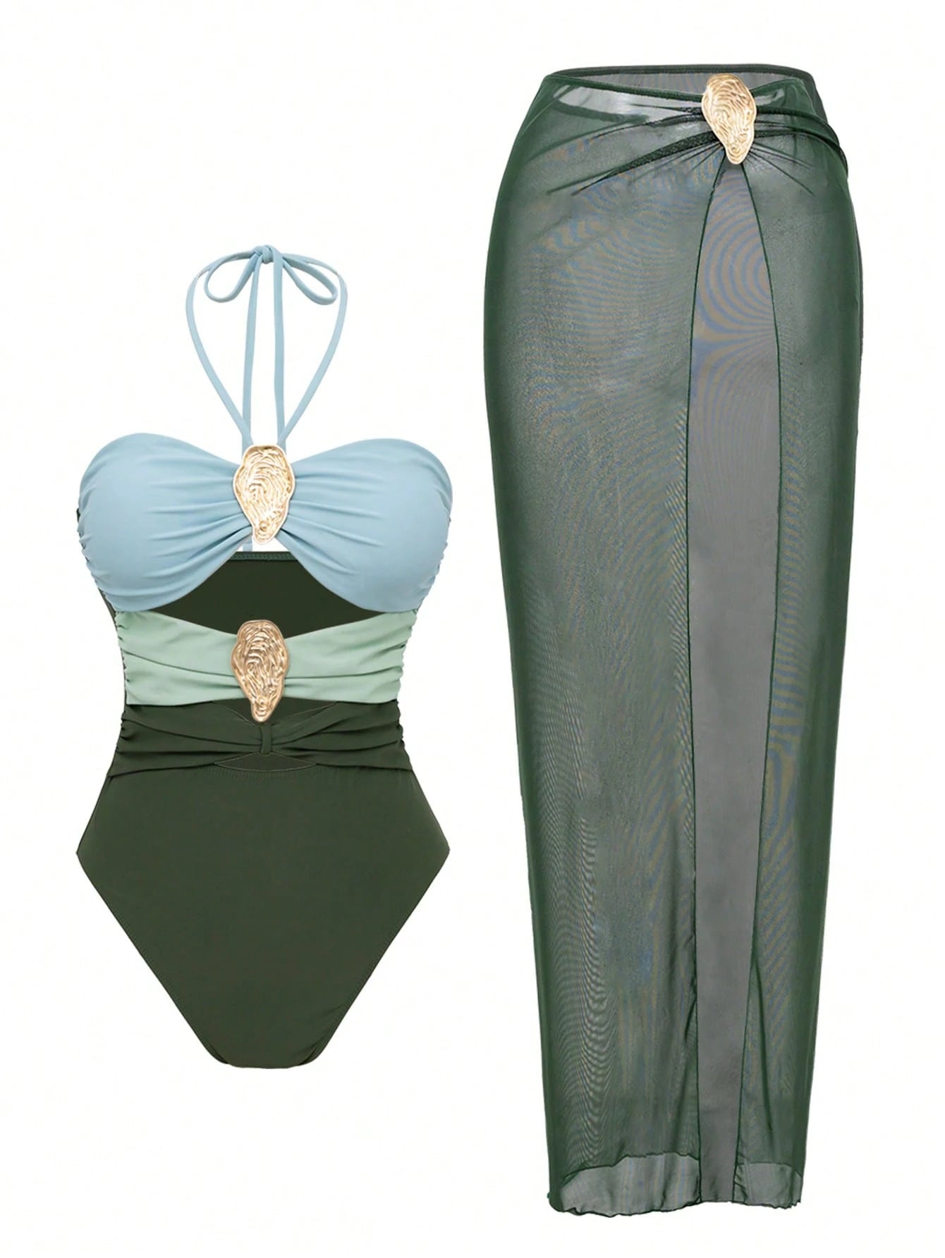 Swim Oasis 2pcs Set Women's Solid Color Metal Accent Hollow Out Halter Onepiece Swimsuit & Mesh Coverup Skirt Beach Suit For Summer Beach Vacation
