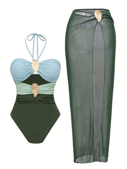 Swim Oasis 2pcs Set Women's Solid Color Metal Accent Hollow Out Halter Onepiece Swimsuit & Mesh Coverup Skirt Beach Suit For Summer Beach Vacation