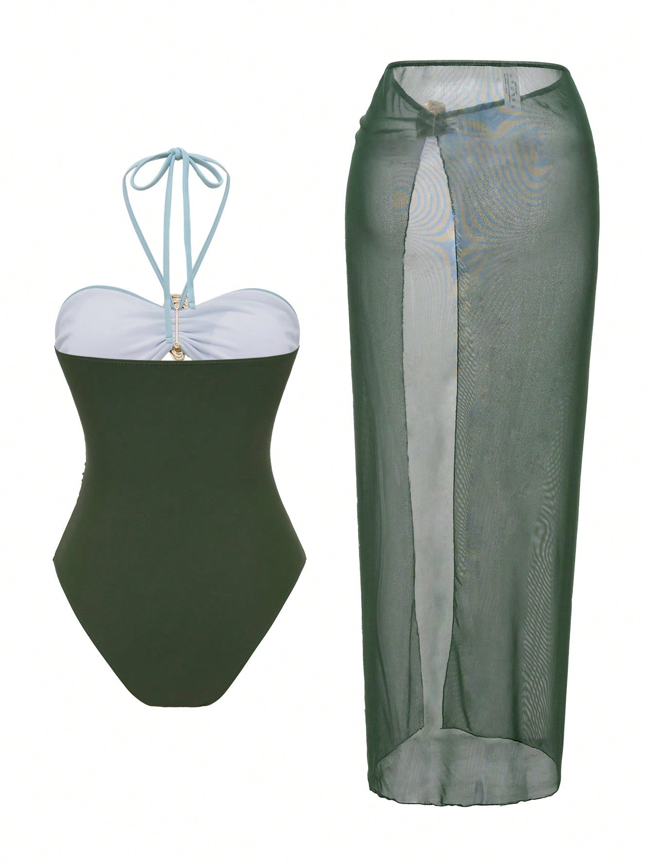 Swim Oasis 2pcs Set Women's Solid Color Metal Accent Hollow Out Halter Onepiece Swimsuit & Mesh Coverup Skirt Beach Suit For Summer Beach Vacation